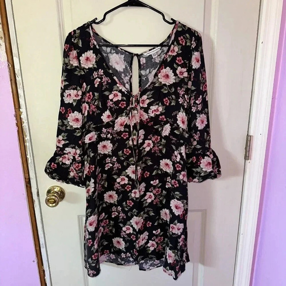 American Eagle Floral Flared Blouson Half Sleeve Mini Dress Black Size M - Picture 1 of 6
